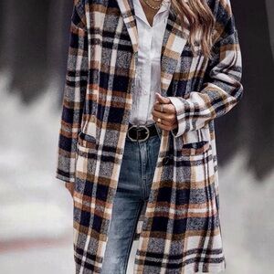 Plaid Longline Coatigan in black, Camel & Cream